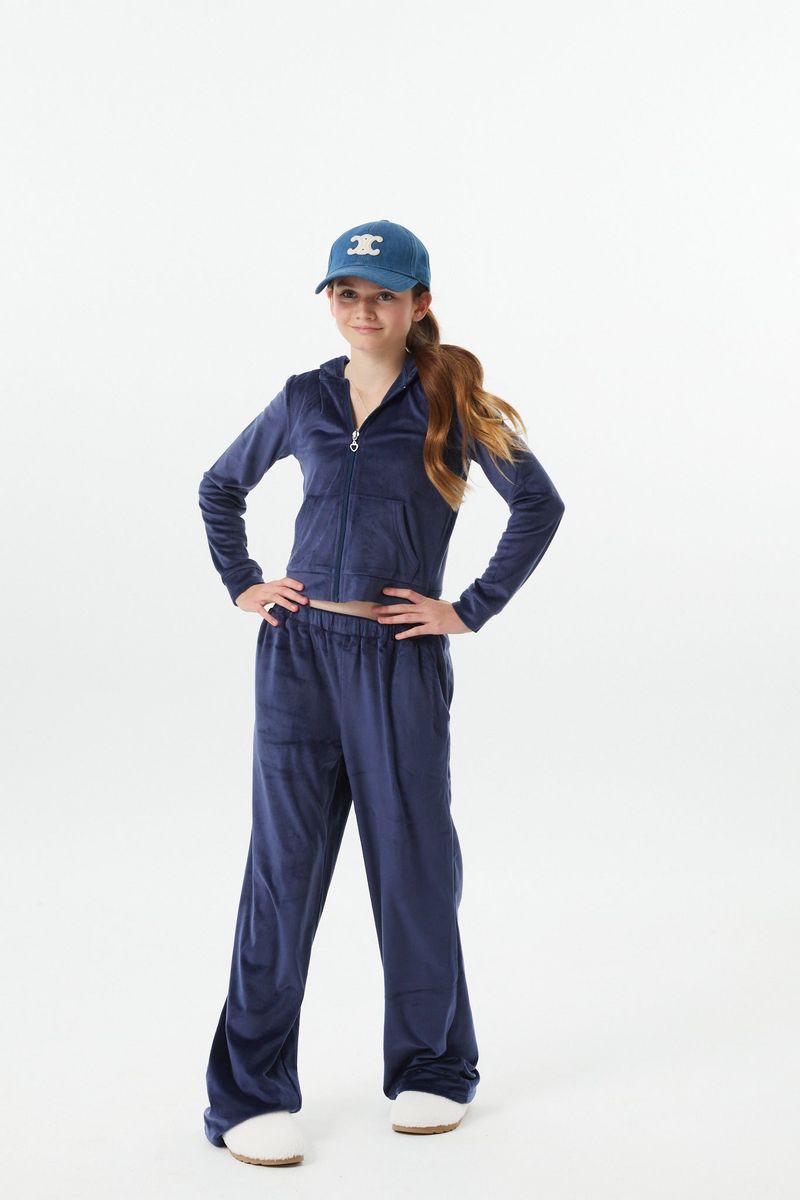 Teen Elle Navy Stretch Velour Zip Up Hoodie Sweatshirt
