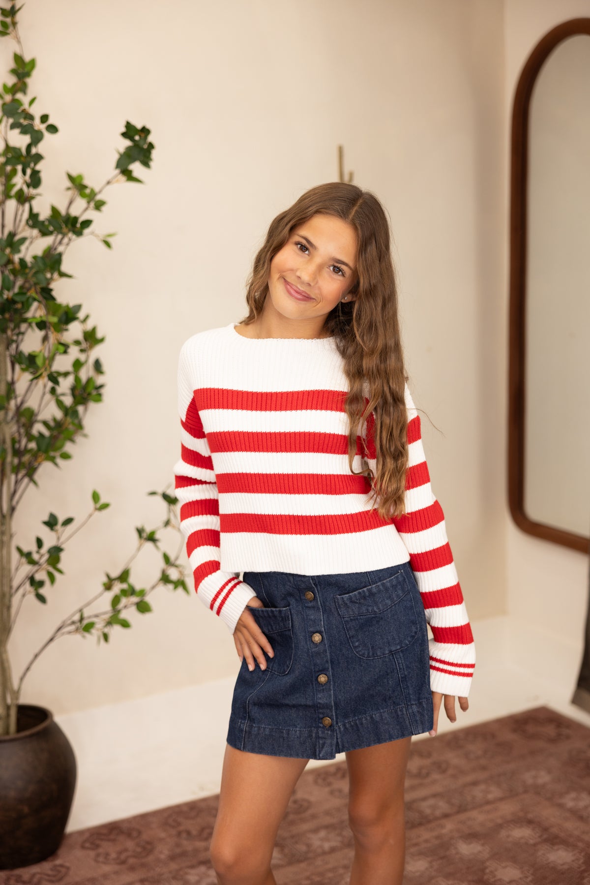 Tween Clara White & Red Stripe Cotton Sweater