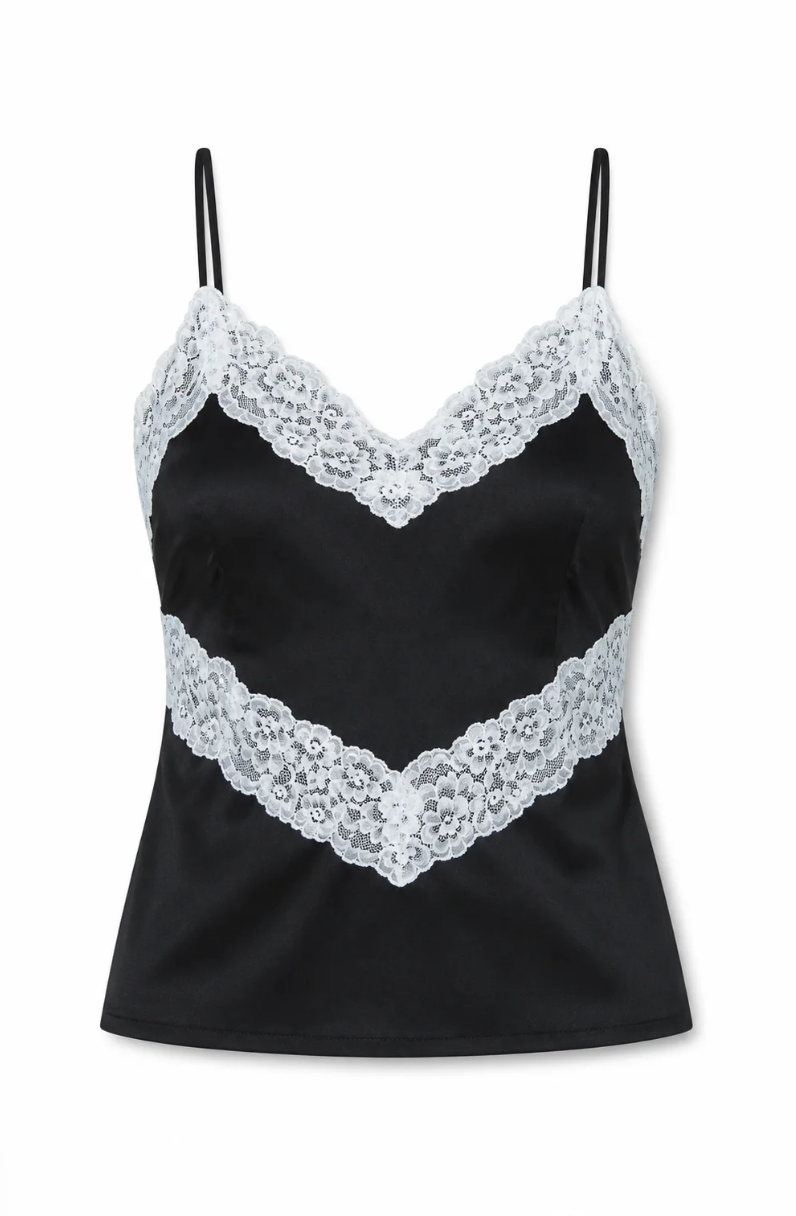 Teen Margot Black With Cream Lace Satin Tank With Lace Trim