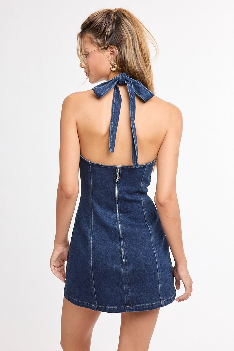 Maren Dark Denim Halter Tie Mini Dress