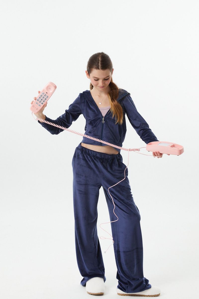 Teen Ash Navy Stretch Velour Wide Leg Pant