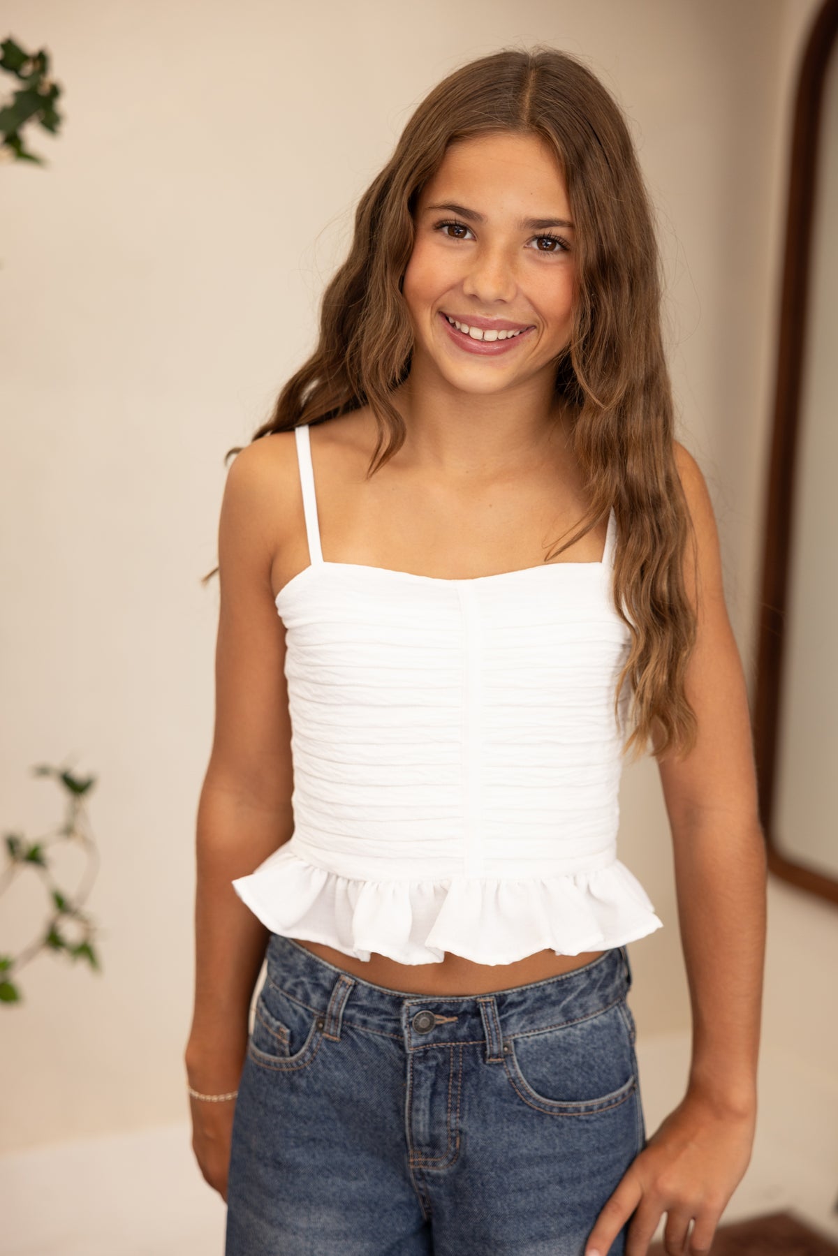 Tween Colette Ruffle Hem Pleated Top | White