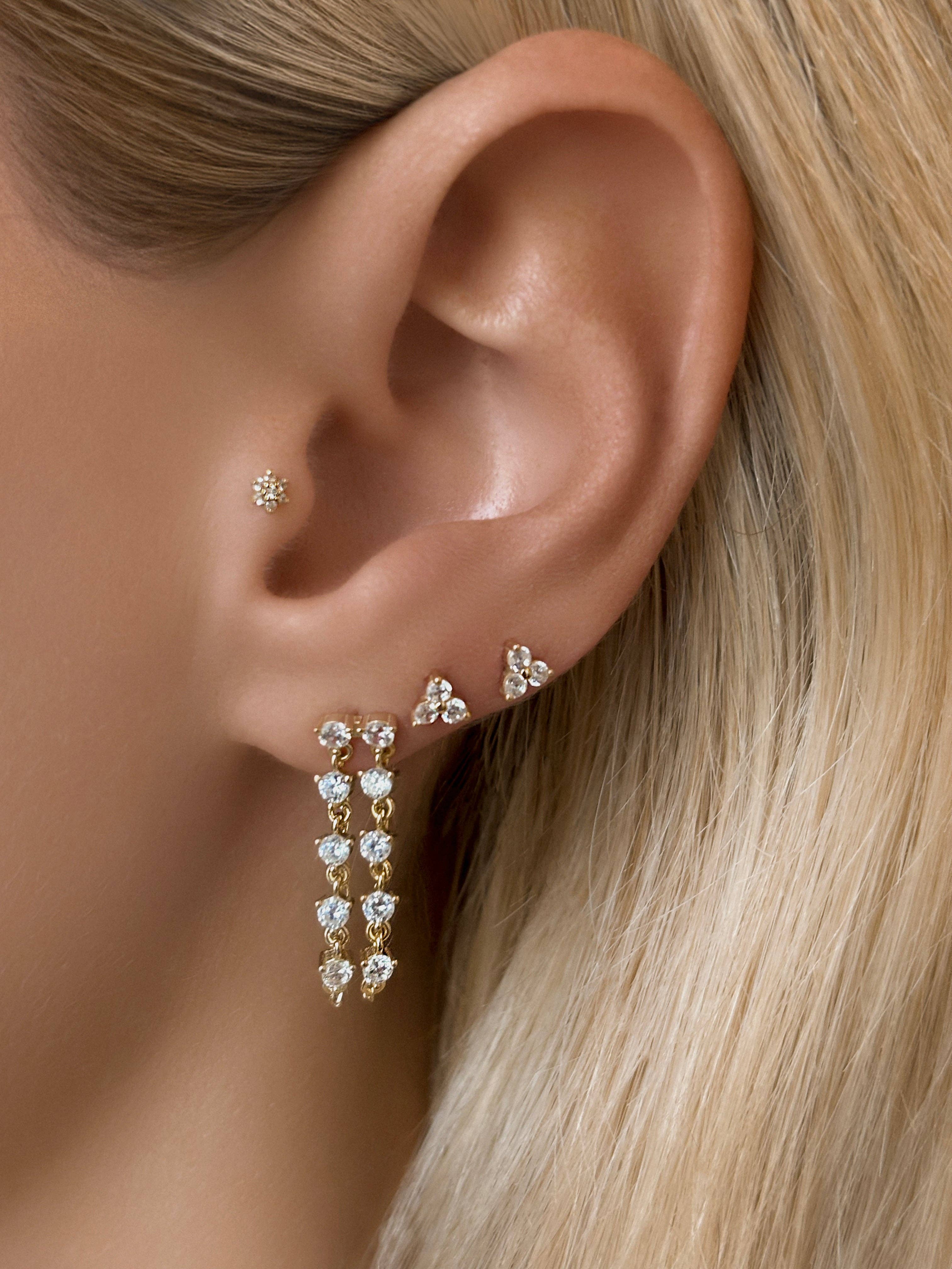 14k Vermeil CZ Double Row Chain Stud Earrings