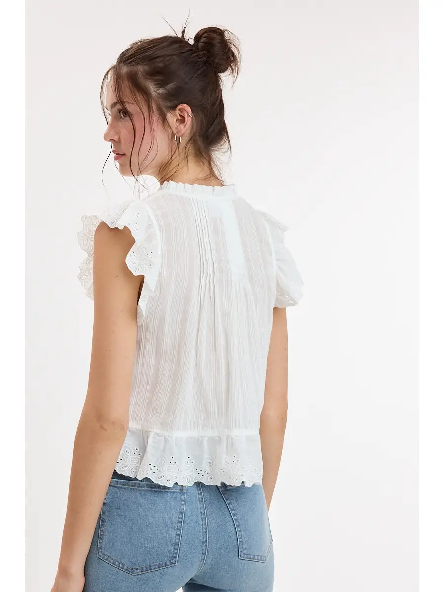 Tessa White Lace Ruffle Double Tie Top