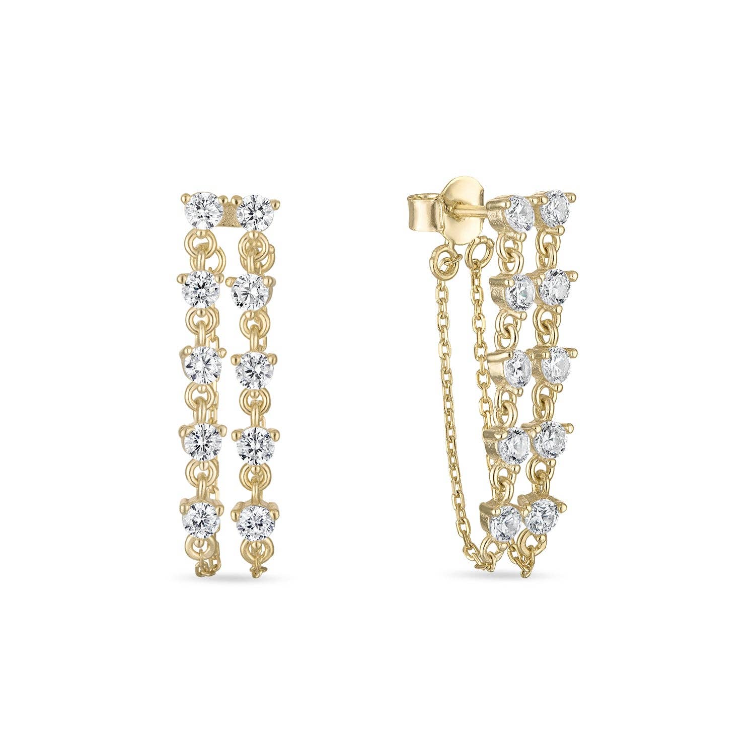14k Vermeil CZ Double Row Chain Stud Earrings