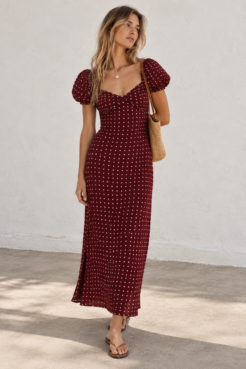 Maroon dress with polka dots for everyday 