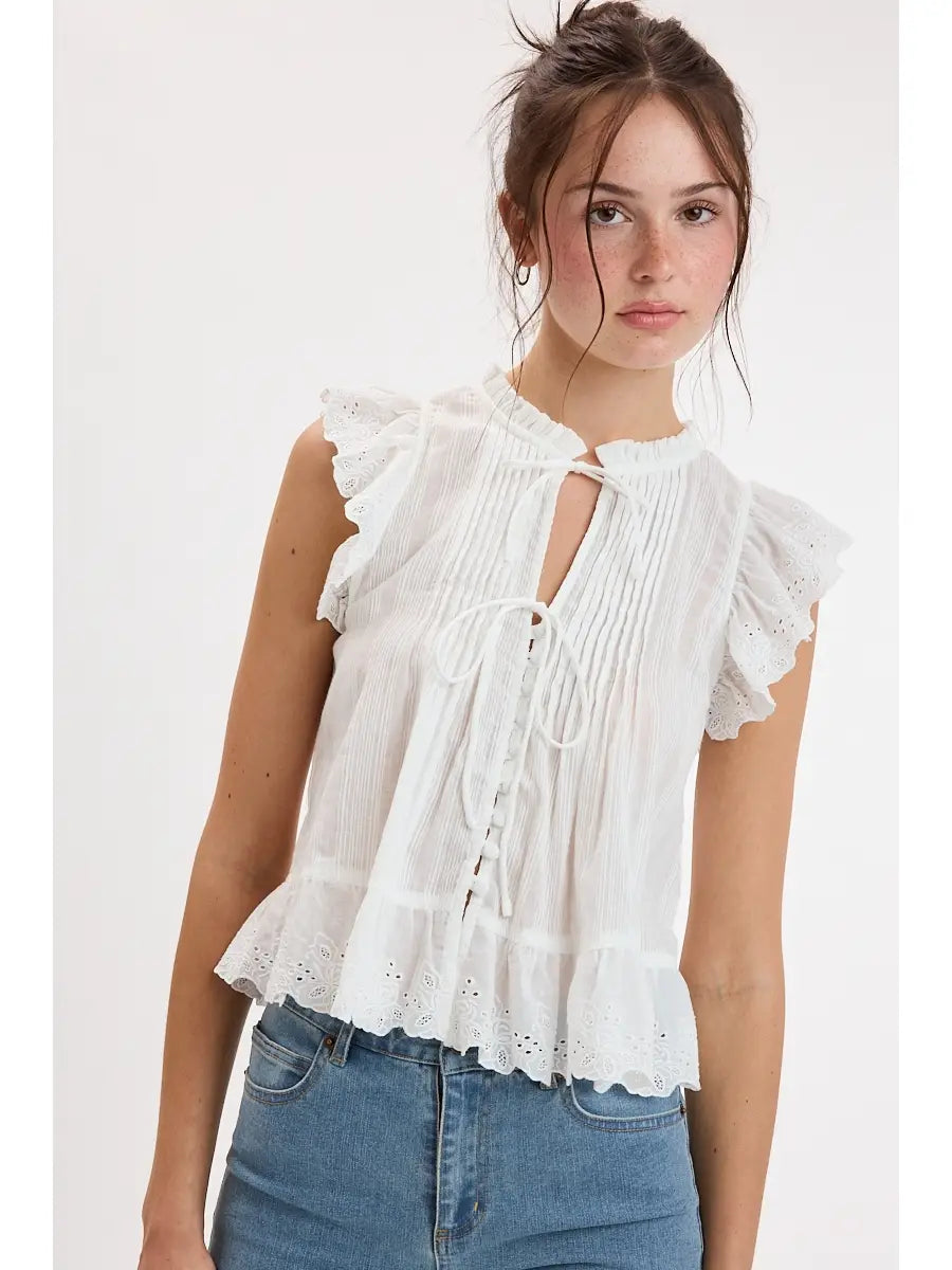 Tessa White Lace Ruffle Double Tie Top