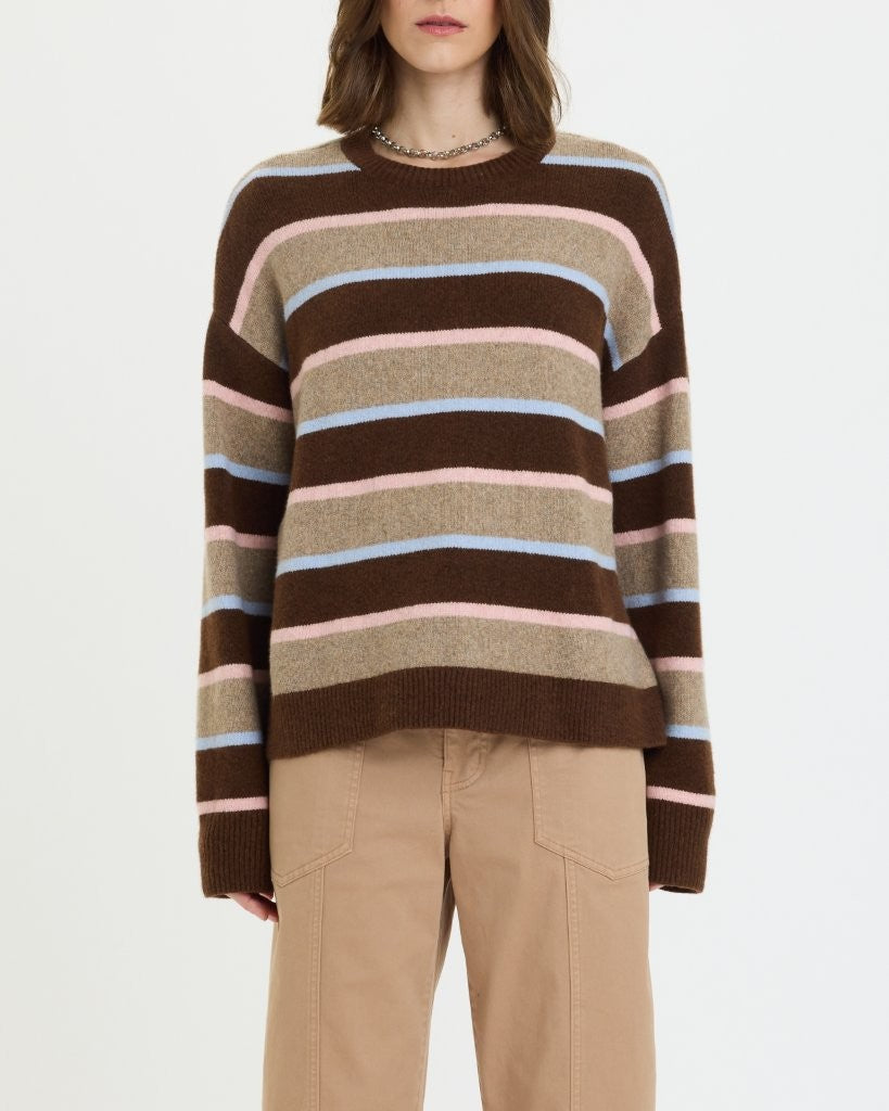 Carlyle Everyday Crew Neck Sweater in Dune Stripe brown multi stripe